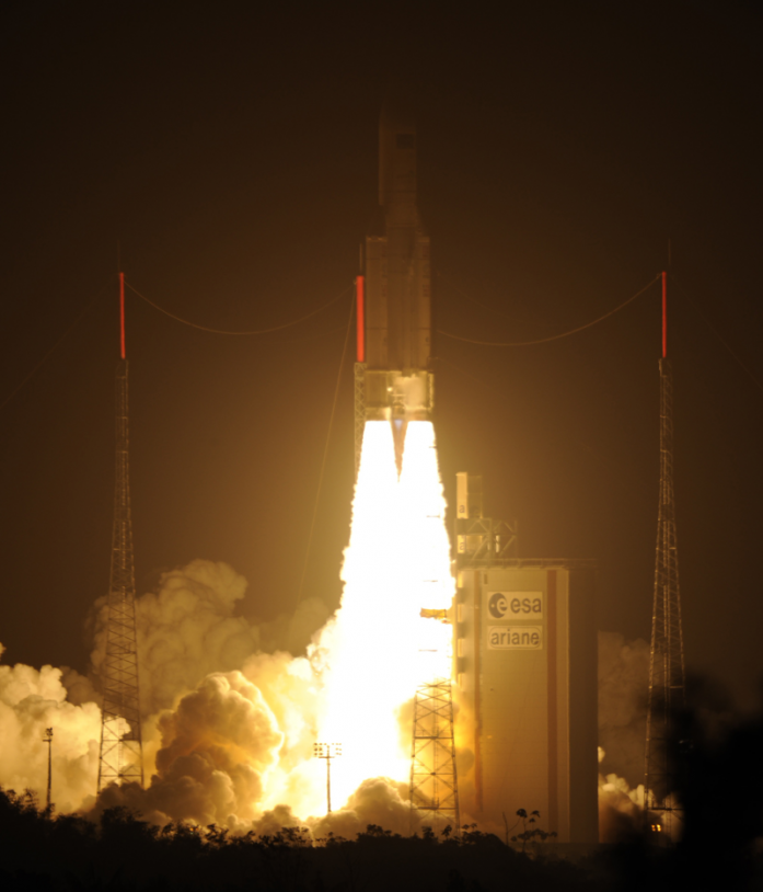 Décollage de la fusée Ariane 5 ES depuis le port spatial de l&#039;Europe, en Guyane, ce vendredi, à 5h34 (heure de Paris). Crédits : ESA/CNES/Arianespace/Optique vidéo du CSG. 